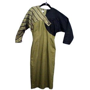 Vintage Heather's Linen Dress -S Colorblock Dolman Sleeves Fitted Pencil Skirt